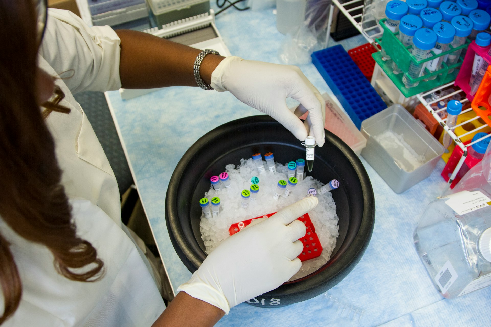 Researcher placing sample tubes on ice in a laboratory